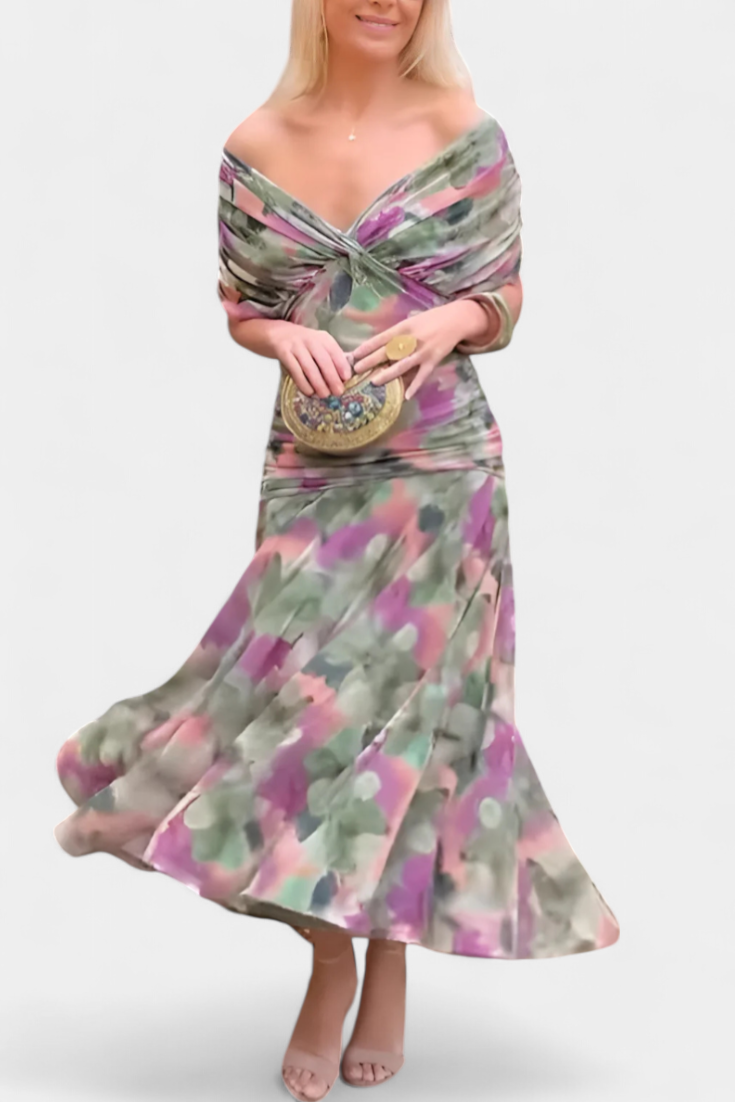 Alondra Long Dress with Fantasy Floral Print and V-Neck