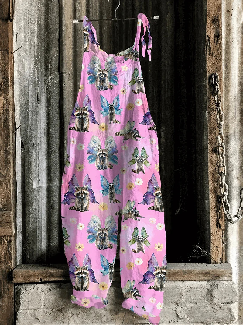 Solea | Lightweight artisanal jumpsuit in pink whimsical raccoon fairy print