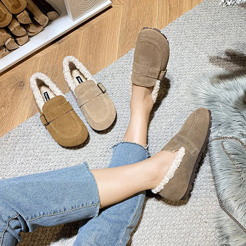Casual Lambswool Loafers Women Flats Belt Strap Shoes Winter Furry Shoes Ladies Cotton Mocasines Warm Slip On Sheep Fur Boots