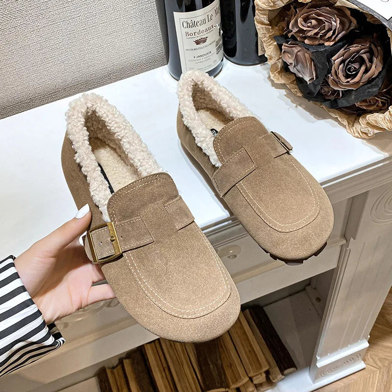 Casual Lambswool Loafers Women Flats Belt Strap Shoes Winter Furry Shoes Ladies Cotton Mocasines Warm Slip On Sheep Fur Boots