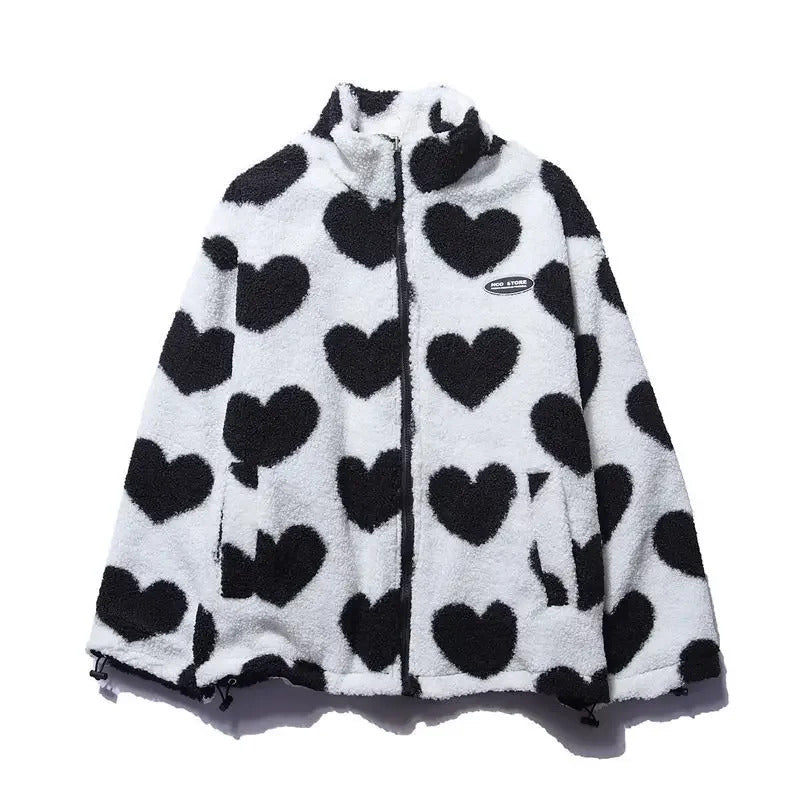 Daria - Women's Reversible Heart Print Fleece Jacket