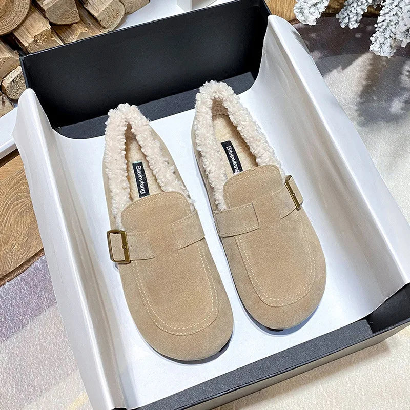 Casual Lambswool Loafers Women Flats Belt Strap Shoes Winter Furry Shoes Ladies Cotton Mocasines Warm Slip On Sheep Fur Boots