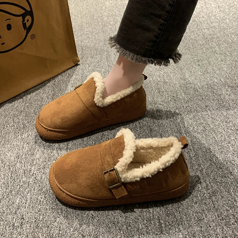 Casual Woman Shoe Loafers With Fur Round Toe Autumn Female Footwear Cross Slip-on Retro Fall Moccasin Dress Winter Fabric Basic
