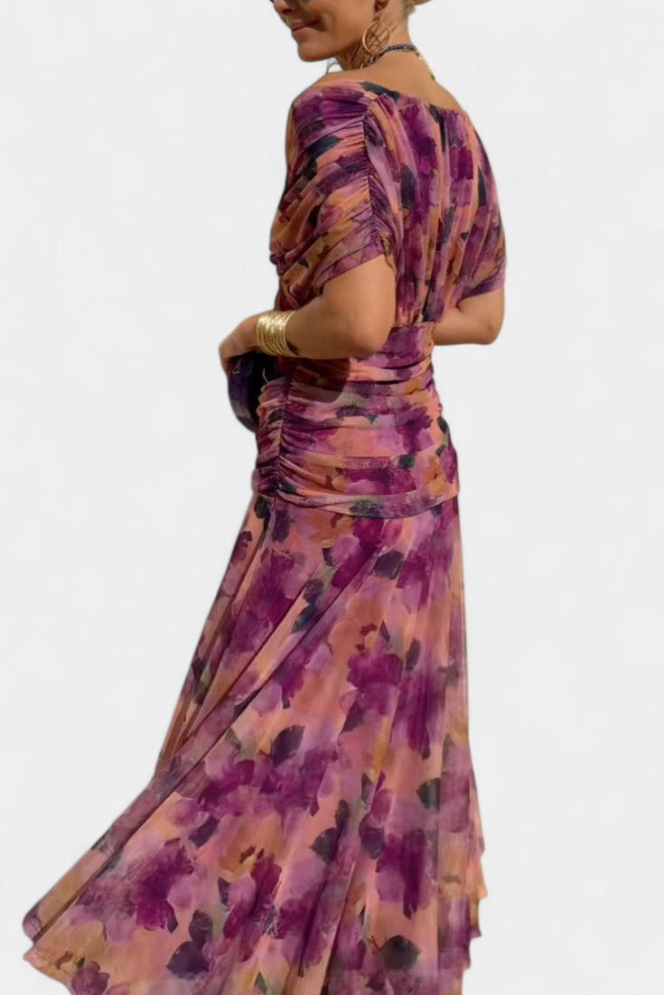 Alondra Long Dress with Fantasy Floral Print and V-Neck