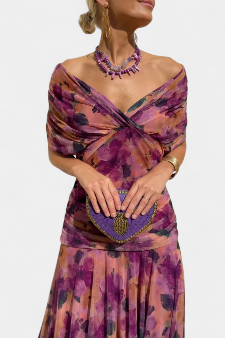Alondra Long Dress with Fantasy Floral Print and V-Neck