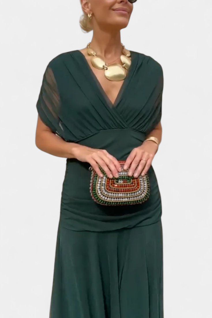 Alondra Long Dress with Fantasy Floral Print and V-Neck