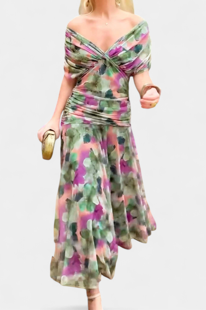 Alondra Long Dress with Fantasy Floral Print and V-Neck