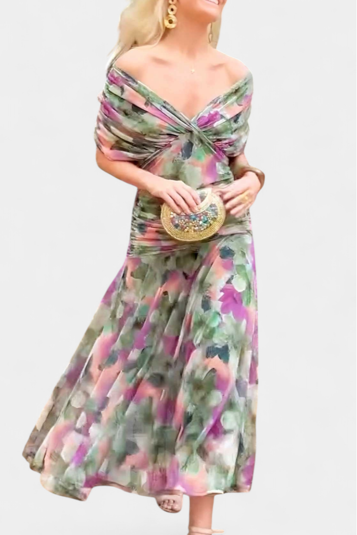 Alondra Long Dress with Fantasy Floral Print and V-Neck