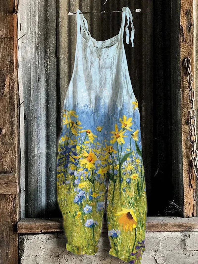 Solea | Lightweight artisanal jumpsuit in sunflower meadow style