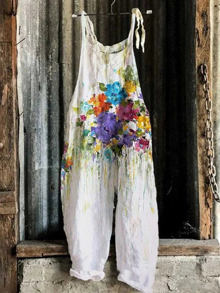 Solea | Lightweight artisanal jumpsuit in abstract watercolor floral style