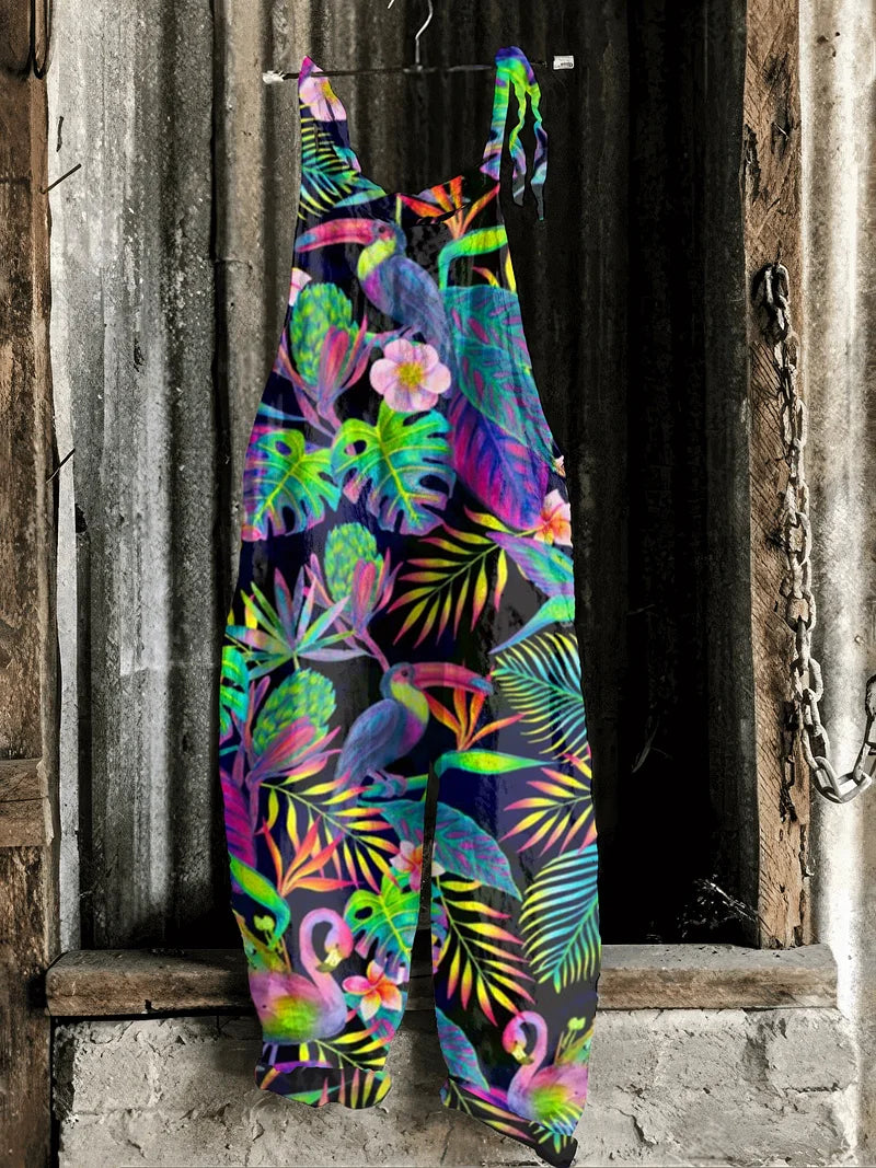 Solea | Lightweight artisanal jumpsuit in neon tropical toucan & flamingo print