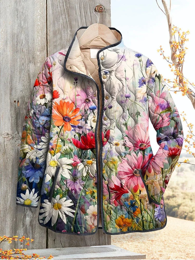 Charming Floral Print Quilted Jacket for Women - Vintage Casual Style