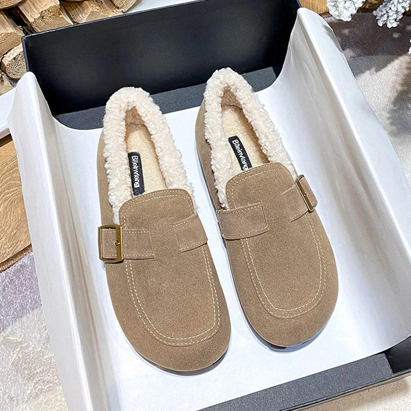 Casual Lambswool Loafers Women Flats Belt Strap Shoes Winter Furry Shoes Ladies Cotton Mocasines Warm Slip On Sheep Fur Boots