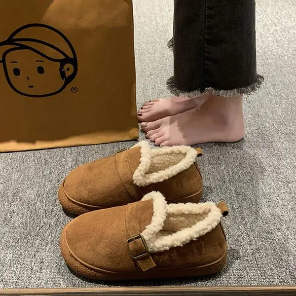 Casual Woman Shoe Loafers With Fur Round Toe Autumn Female Footwear Cross Slip-on Retro Fall Moccasin Dress Winter Fabric Basic