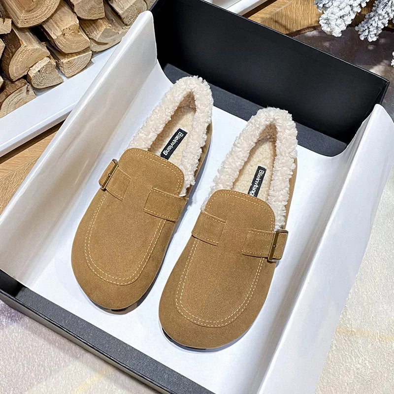 Casual Lambswool Loafers Women Flats Belt Strap Shoes Winter Furry Shoes Ladies Cotton Mocasines Warm Slip On Sheep Fur Boots
