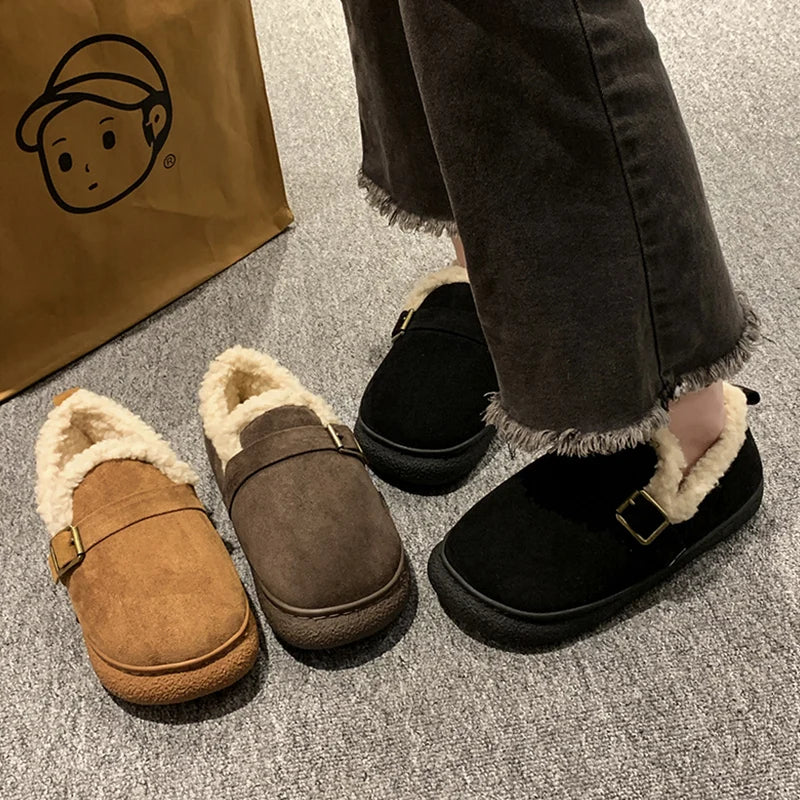 Casual Woman Shoe Loafers With Fur Round Toe Autumn Female Footwear Cross Slip-on Retro Fall Moccasin Dress Winter Fabric Basic