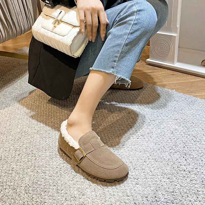 Casual Lambswool Loafers Women Flats Belt Strap Shoes Winter Furry Shoes Ladies Cotton Mocasines Warm Slip On Sheep Fur Boots