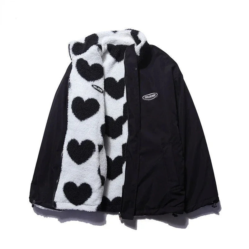 Daria - Women's Reversible Heart Print Fleece Jacket