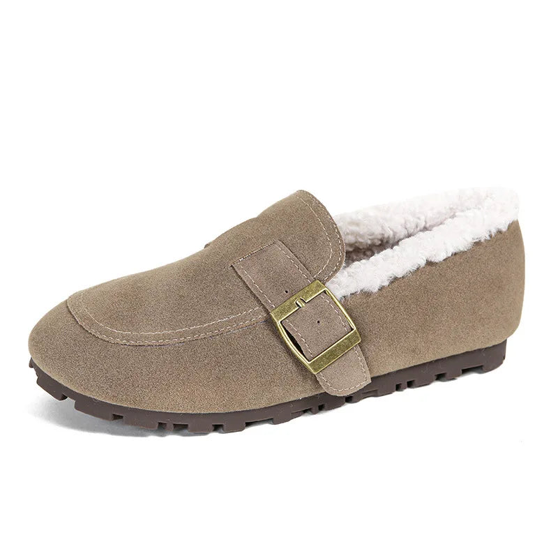 Casual Lambswool Loafers Women Flats Belt Strap Shoes Winter Furry Shoes Ladies Cotton Mocasines Warm Slip On Sheep Fur Boots