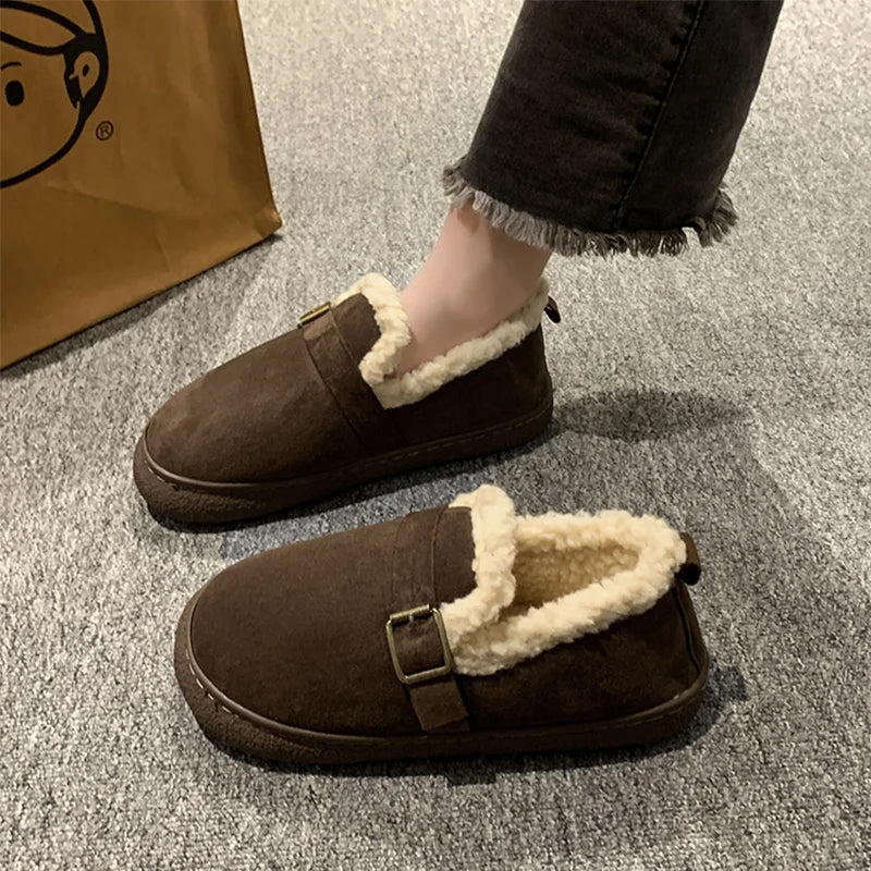 Casual Woman Shoe Loafers With Fur Round Toe Autumn Female Footwear Cross Slip-on Retro Fall Moccasin Dress Winter Fabric Basic