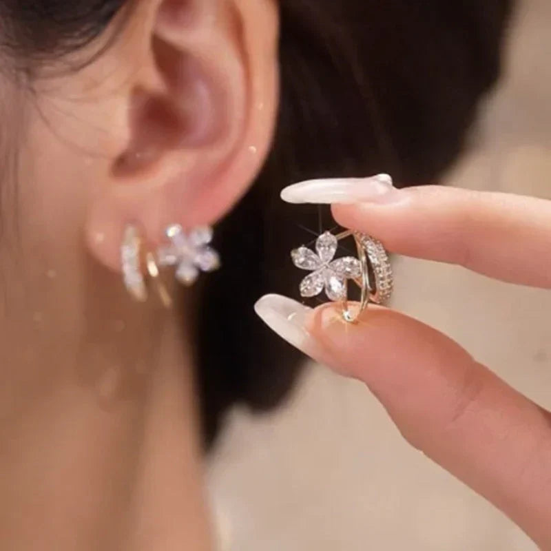 Gold Floral Earrings with Sparkling Zirconia