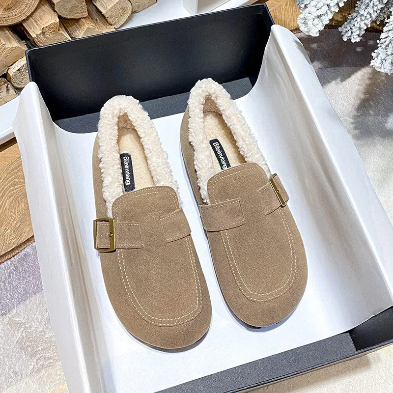 Casual Lambswool Loafers Women Flats Belt Strap Shoes Winter Furry Shoes Ladies Cotton Mocasines Warm Slip On Sheep Fur Boots