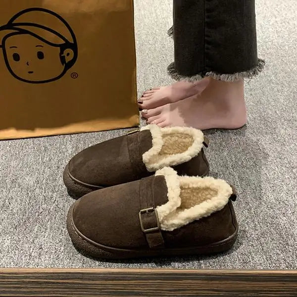 Casual Woman Shoe Loafers With Fur Round Toe Autumn Female Footwear Cross Slip-on Retro Fall Moccasin Dress Winter Fabric Basic