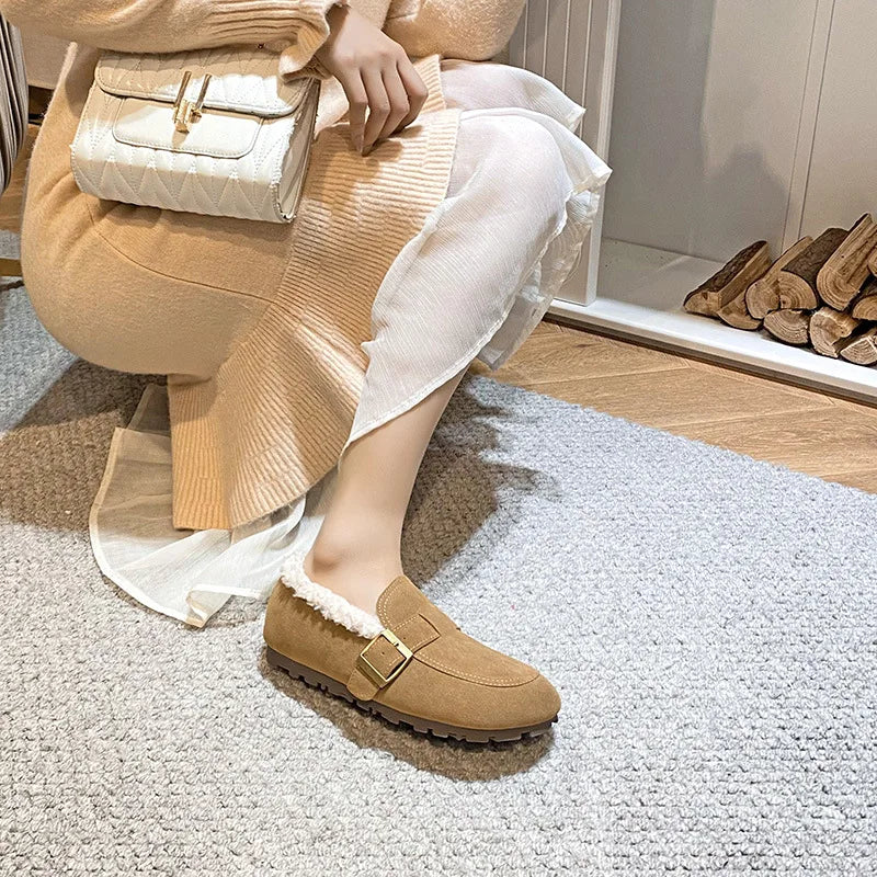 Casual Lambswool Loafers Women Flats Belt Strap Shoes Winter Furry Shoes Ladies Cotton Mocasines Warm Slip On Sheep Fur Boots