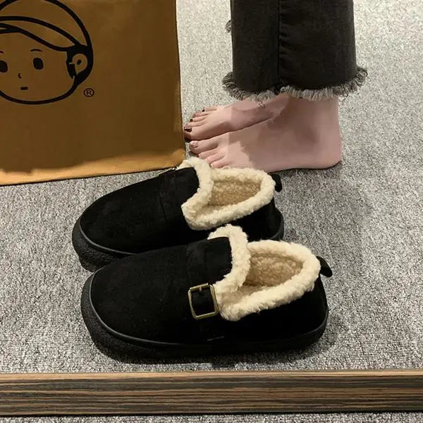 Casual Woman Shoe Loafers With Fur Round Toe Autumn Female Footwear Cross Slip-on Retro Fall Moccasin Dress Winter Fabric Basic