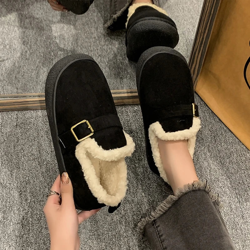 Casual Woman Shoe Loafers With Fur Round Toe Autumn Female Footwear Cross Slip-on Retro Fall Moccasin Dress Winter Fabric Basic