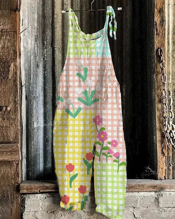 Solea | Lightweight artisanal jumpsuit in gingham tulip garden style