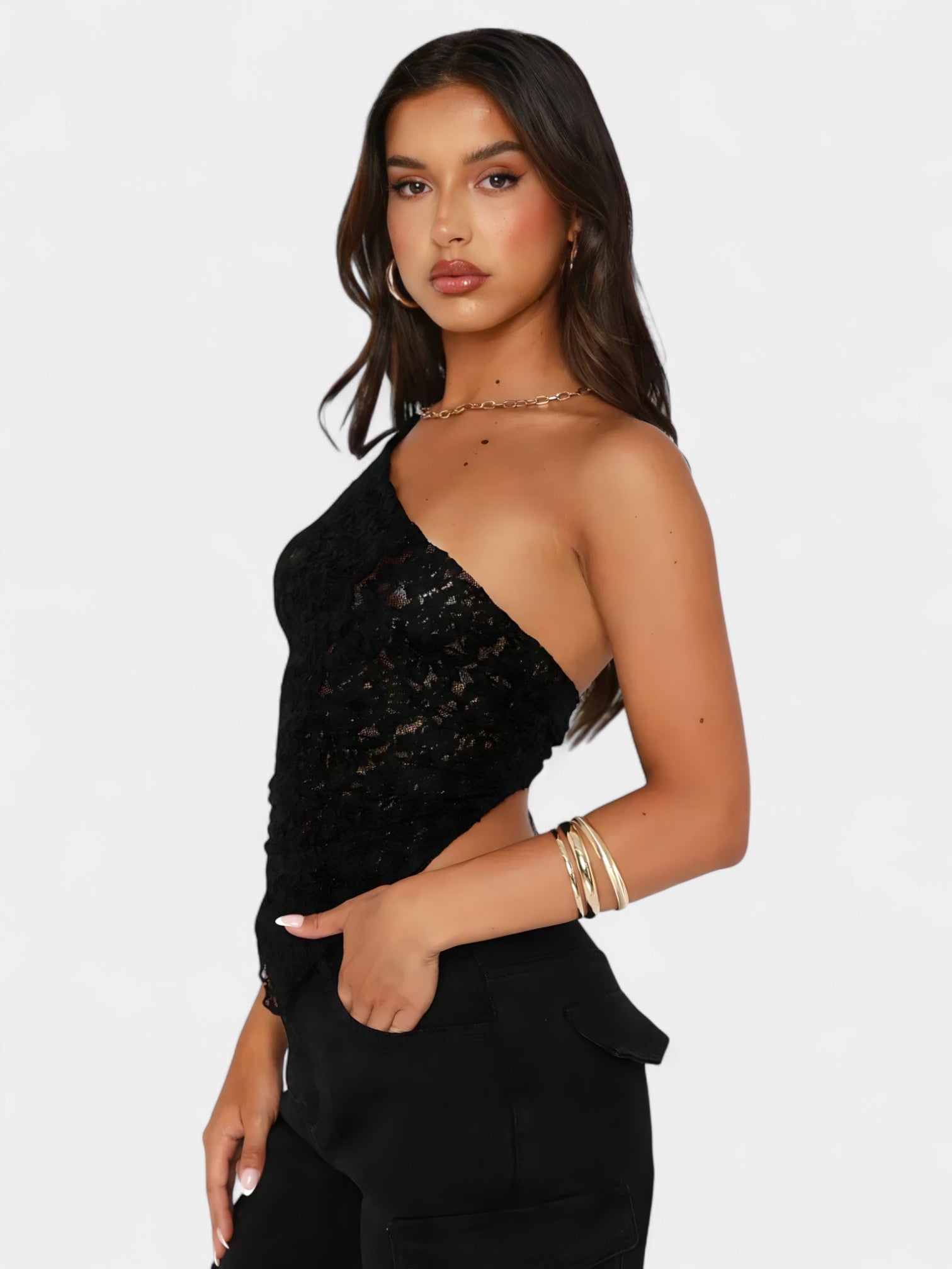 ELSA LACE ACCENT TOP - BLACK