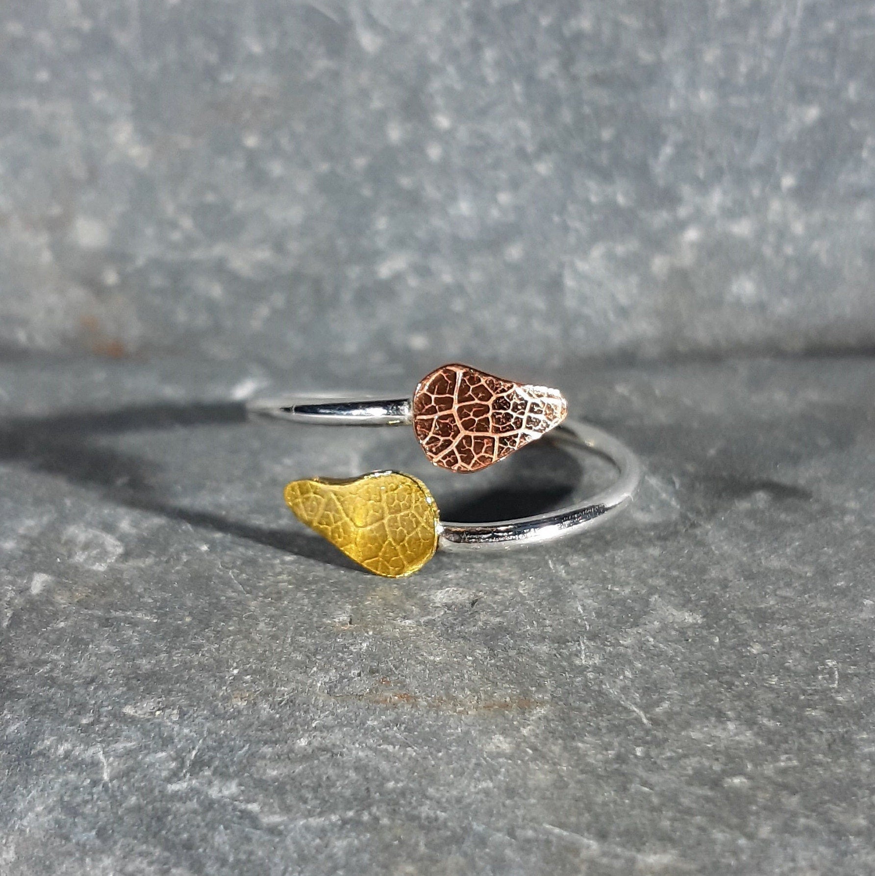 Adjustable Silver Ring With Copper And Brass Textured Leaf